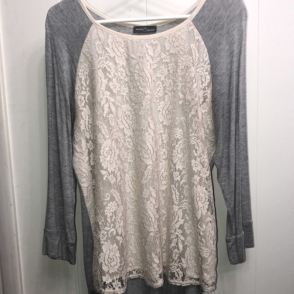 Market & Spruce Bernadette Lace Overlay Raglan Top; Large